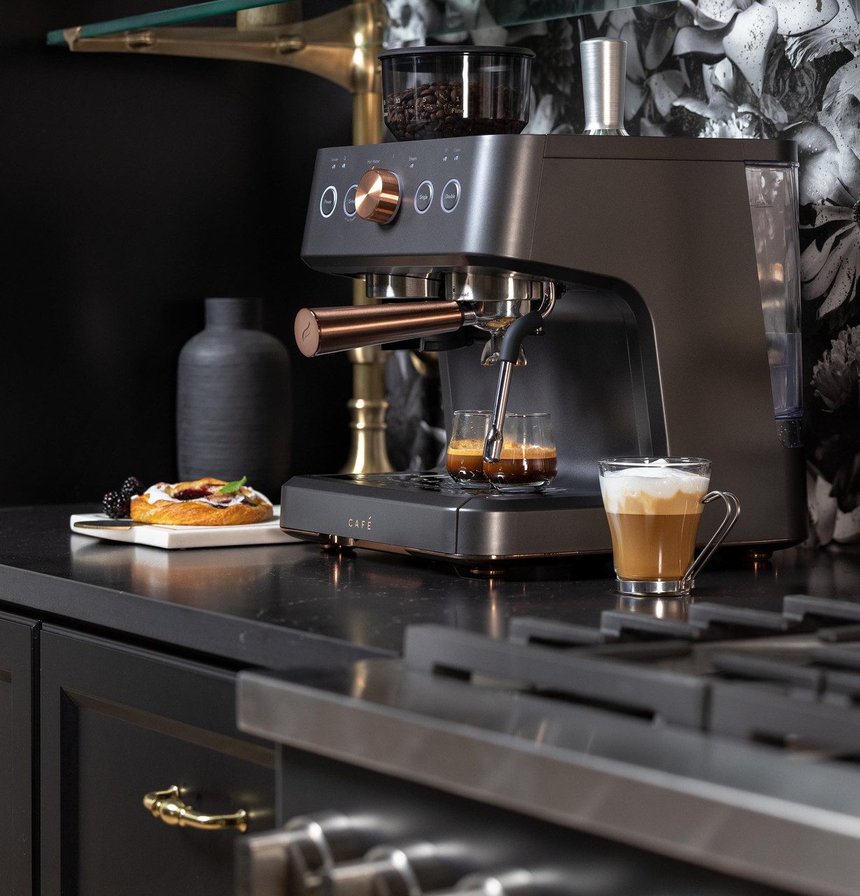 Café Appliances Bellissimo semi-automatic espresso machine with frother in a kitchen