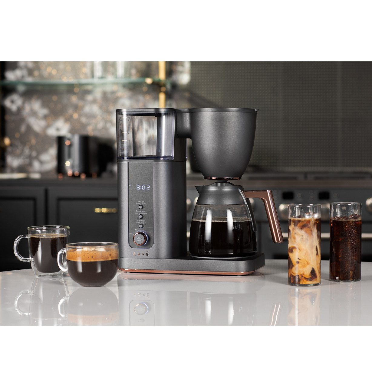 Café Appliances Specialty Drip coffee maker with glass carafe and copper trim (10 cup) in a kitchen
