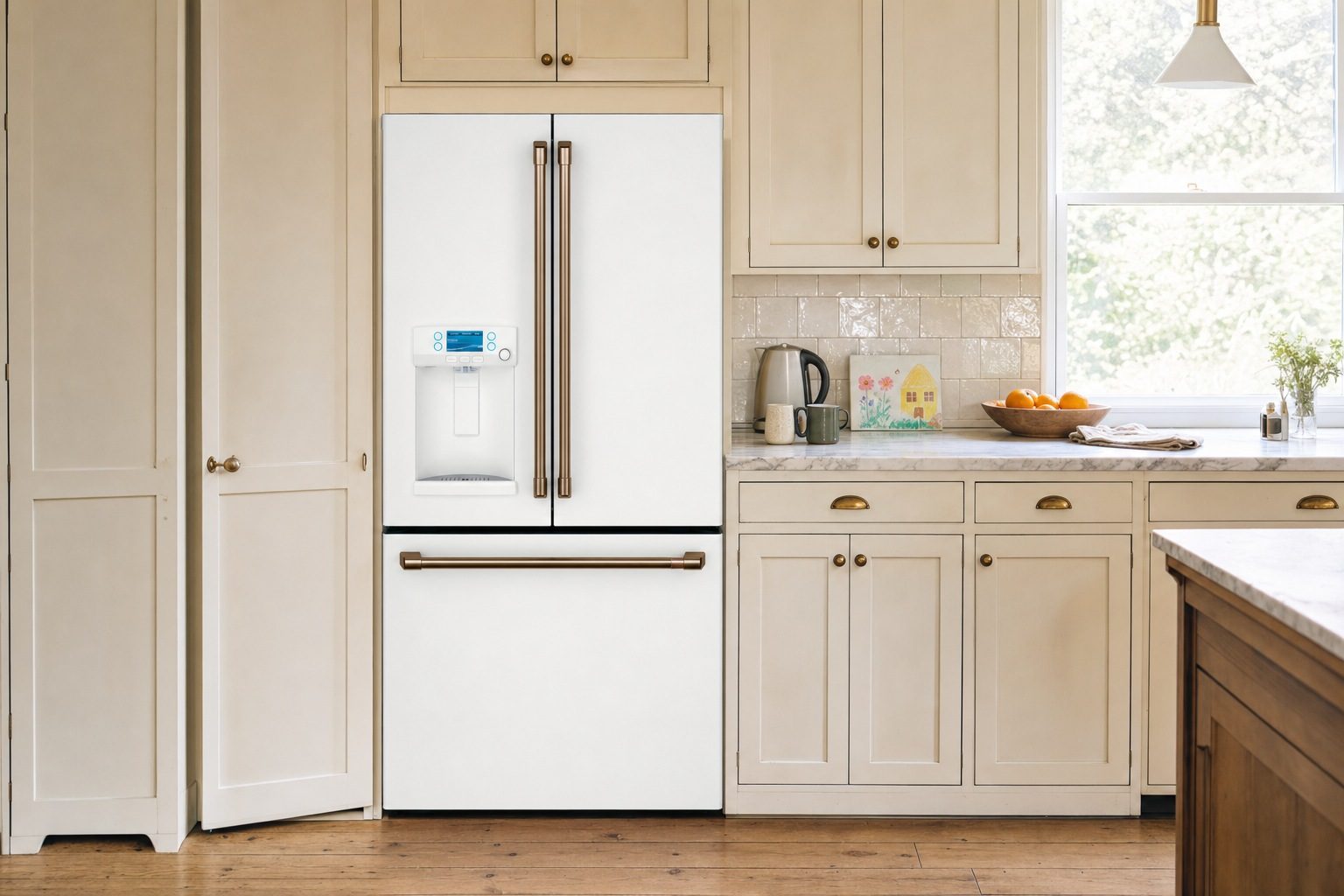 Café Appliances 22.1 cu. ft. counter-depth French-door refrigerator with hot water dispenser in a kitchen