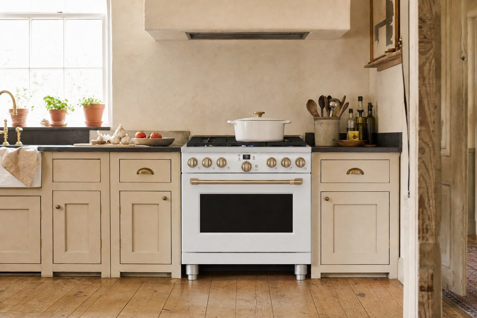 Café Appliances 36 in. dual-fuel commercial-style range (6 burners) in a kitchen