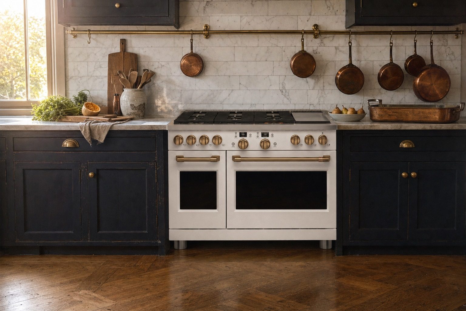 Café Appliances 48 in. dual-fuel commercial-style range (6 burners and griddle) in a kitchen