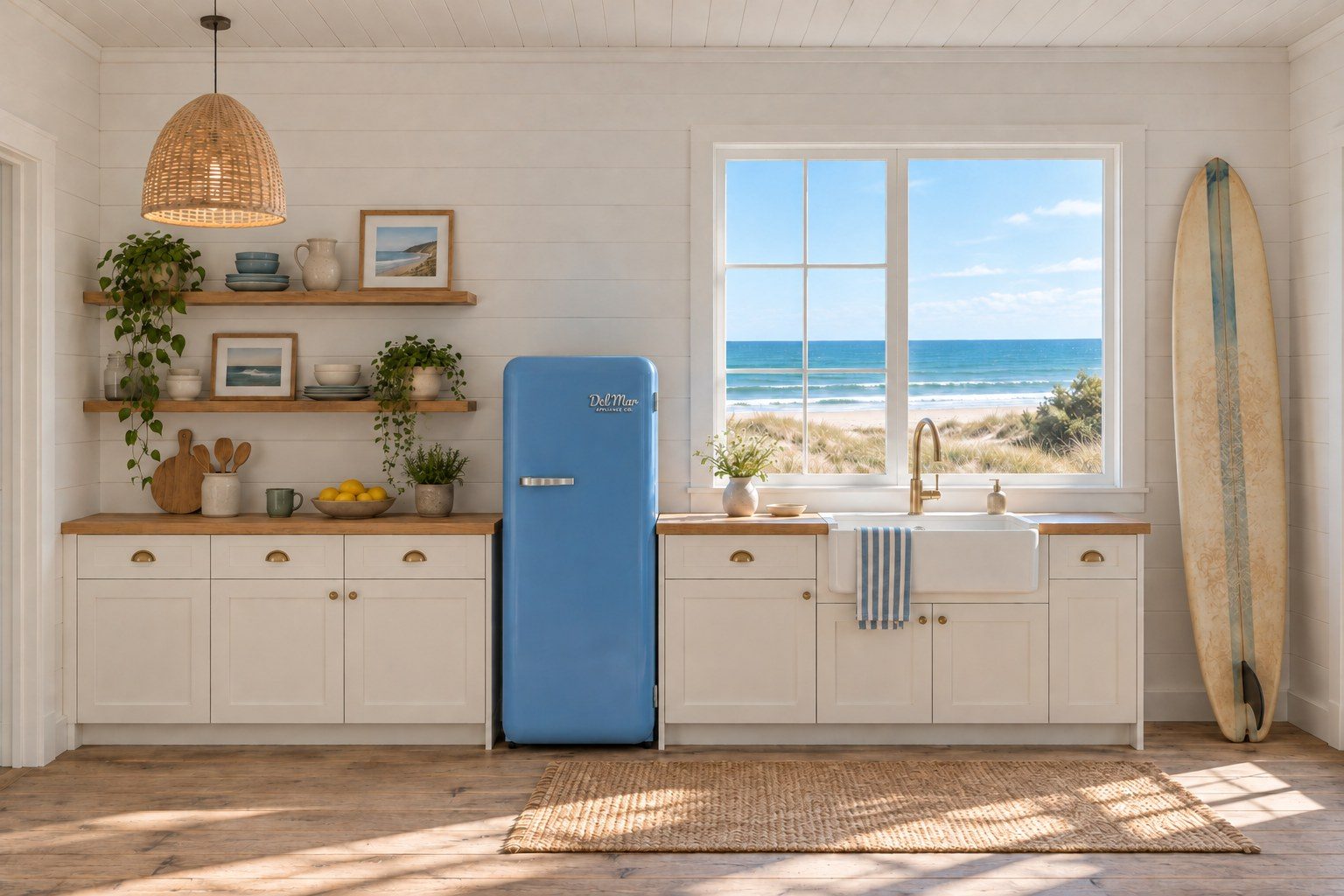The Del Mar retro refrigerator in La Jolla Blue, in a kitchen by the beach
