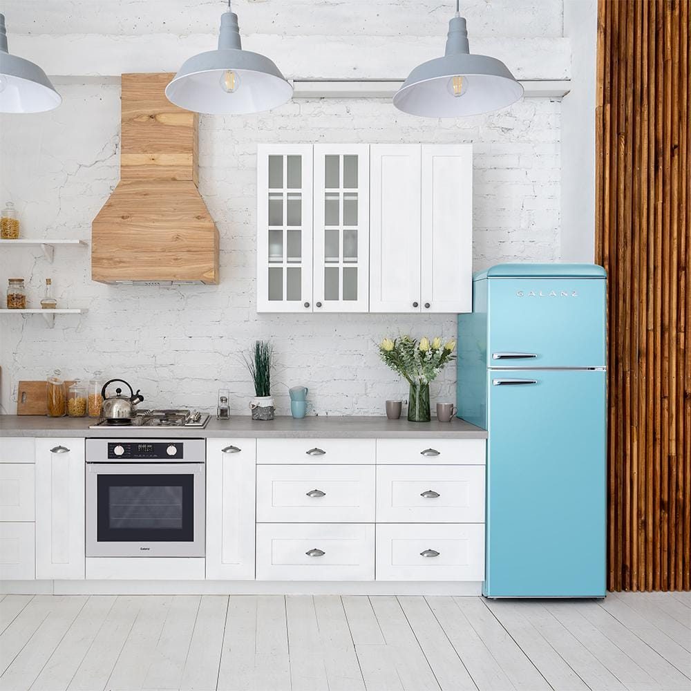 Galanz 12 cu. ft. retro top-freezer refrigerator in a room