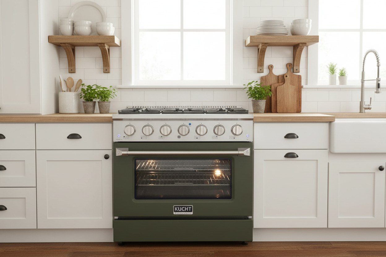 A Kucht range with a colored door in a kitchen