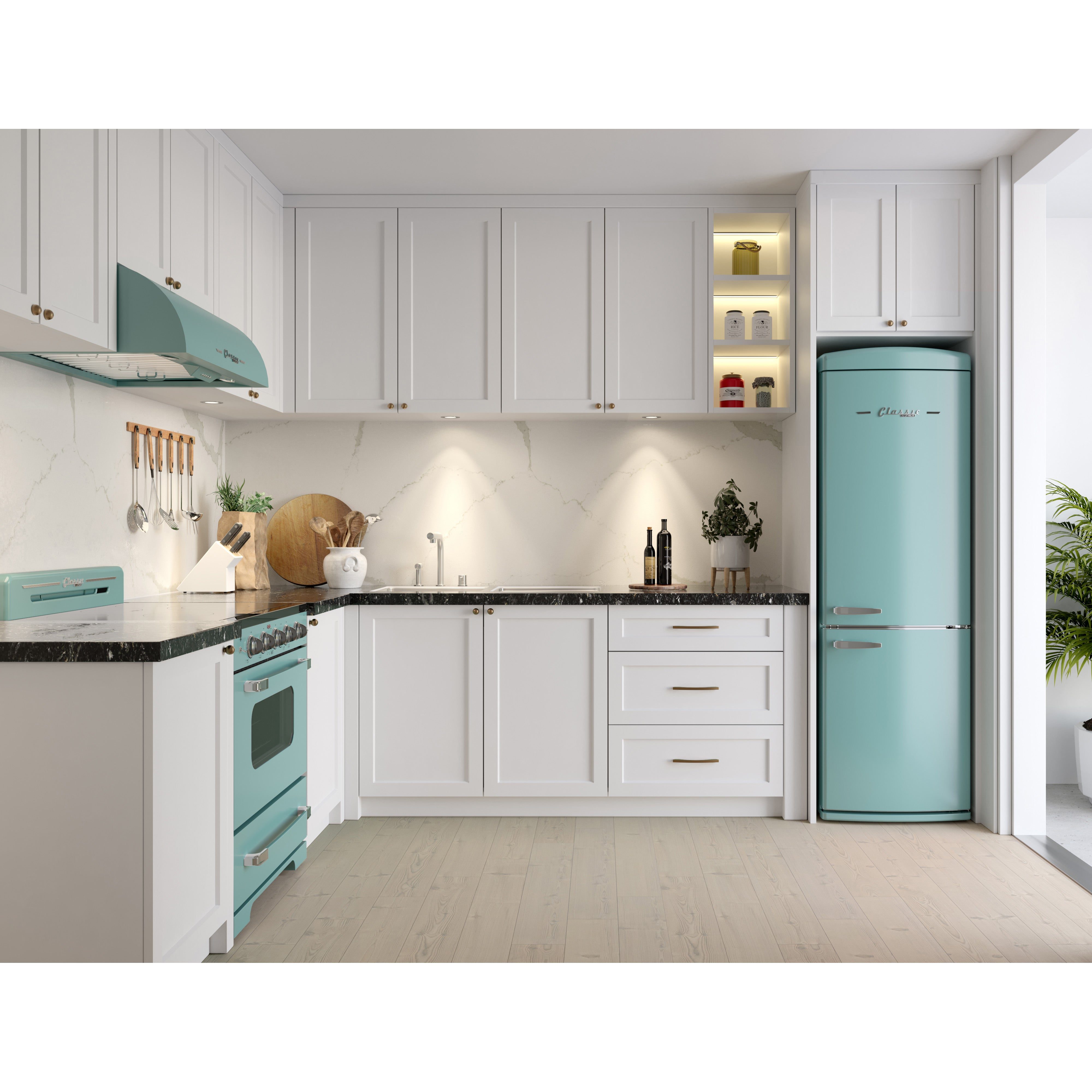 A kitchen with a turquoise retro refrigerator and matching range