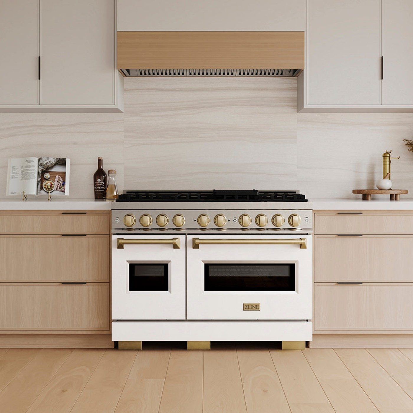 A ZLINE Classic range in white matte with warm hardware, in a kitchen