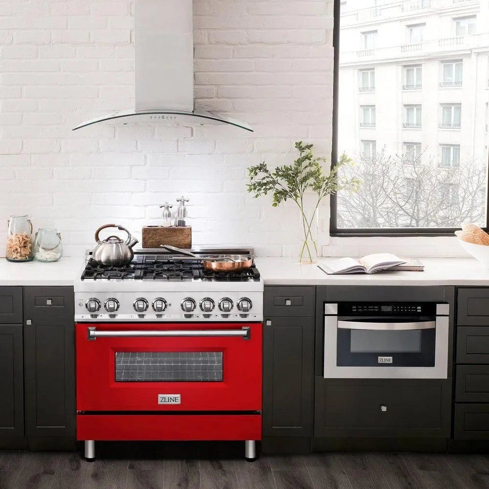 A ZLINE Legacy range with a red door in a kitchen