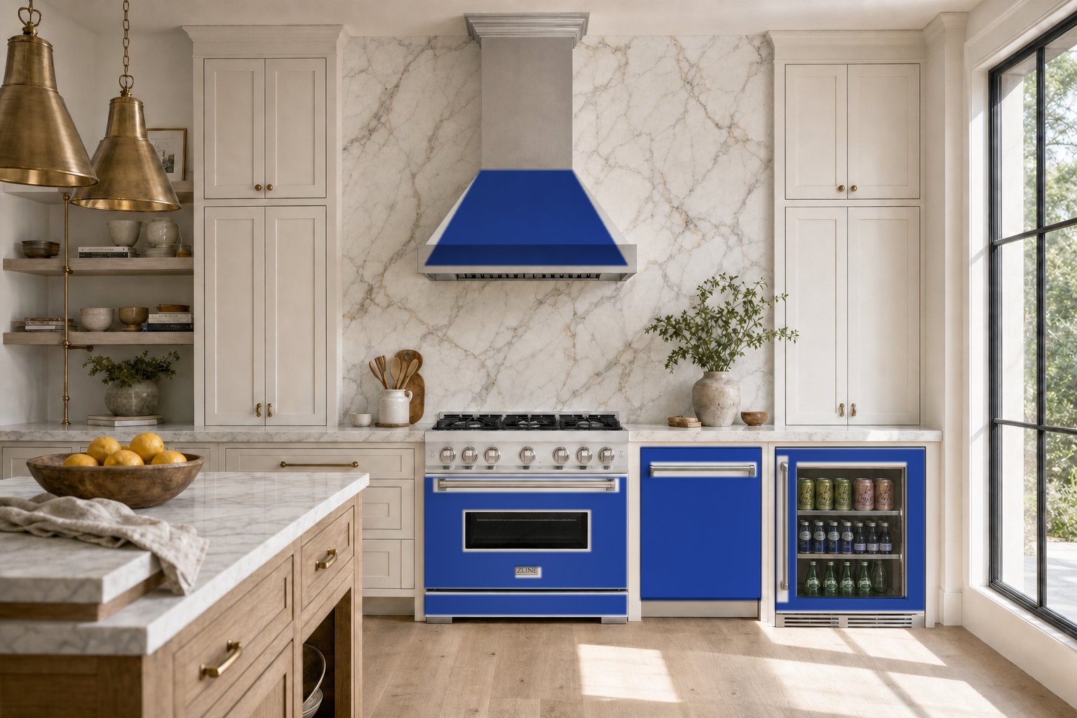 A rendering of the Blue Gloss collection in a kitchen