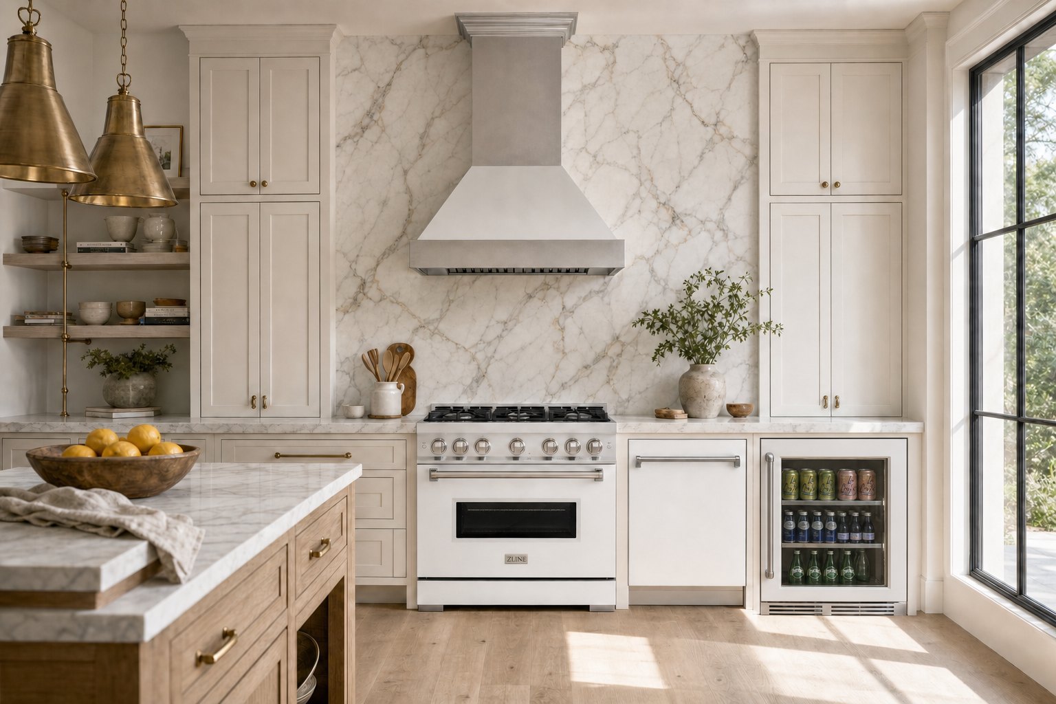A rendering of the ZLINE White Matte collection in a kitchen: the range, its wall hood, the dishwasher and the drinks fridge